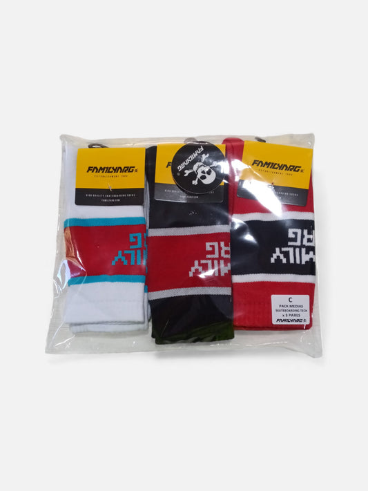 Medias Familyarg Pack C x3 Skateboarding Tech Rojo Negro Blanco