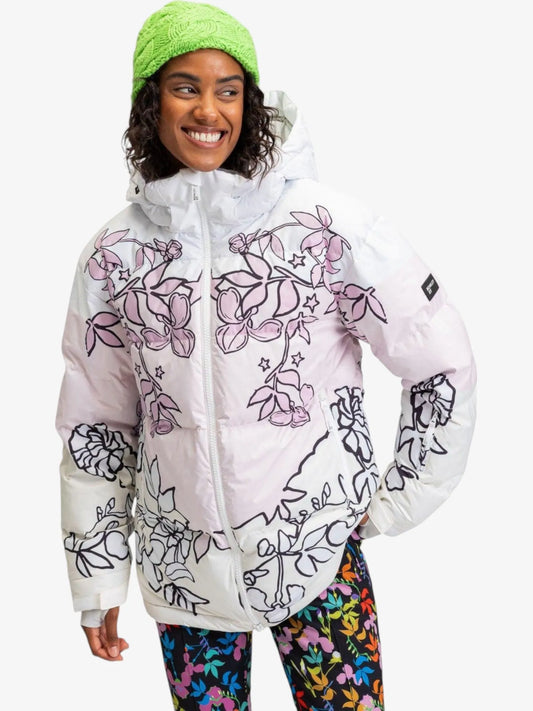 Campera Snow Roxy Rowley Puffer Blanco Rosa Print