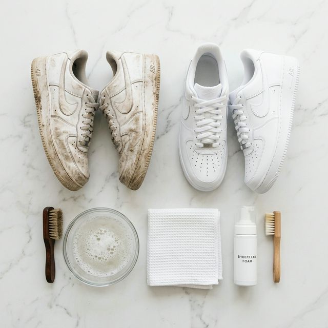 Proceso de limpieza de zapatillas blancas con cepillo, jabón y paño de microfibra