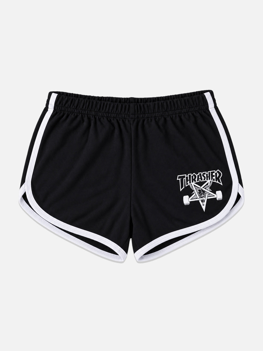 Short Thrasher Skategoat Mujer Negro, vista frontal sobre fondo gris claro