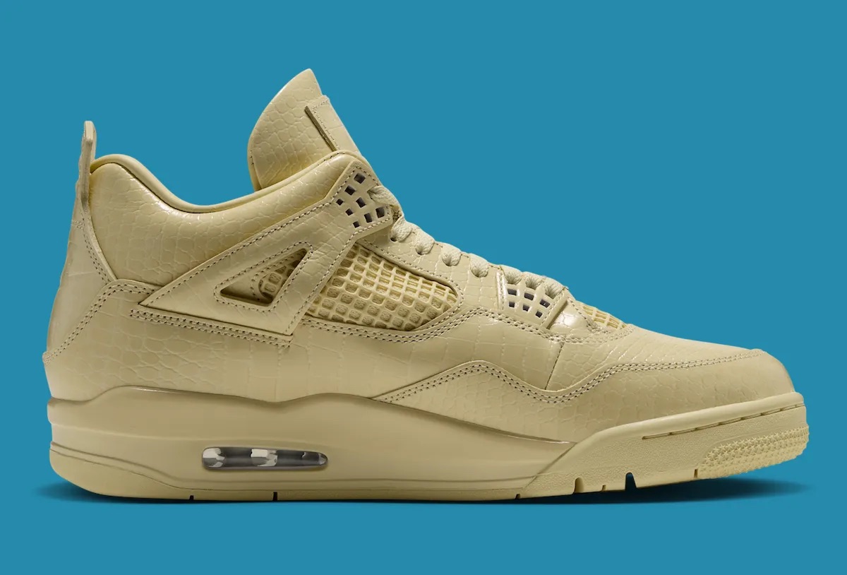 Perfil lateral del J Balvin x Air Jordan 4 Amazonas en amarillo Lemonade