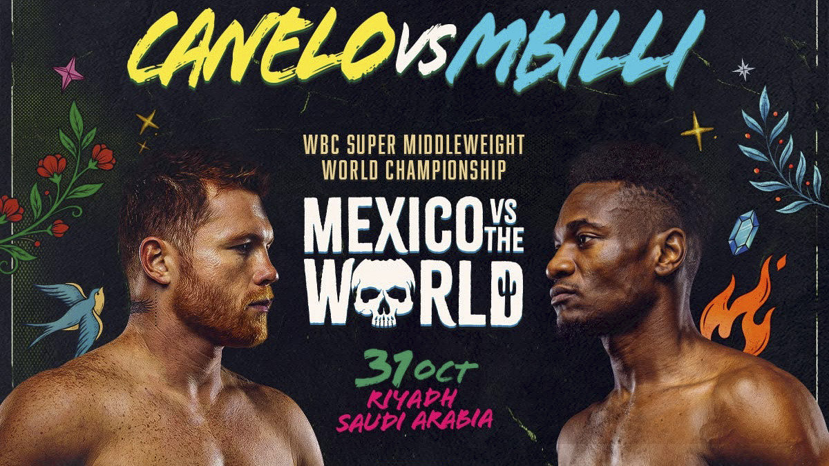 Afiche oficial de Canelo Álvarez vs. Christian Mbilli, con los dos boxeadores a los costados y la leyenda «Mexico vs. The World, 31 Oct, Riyadh»