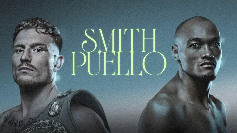 Afiche oficial de la pelea entre Dalton Smith y Alberto Puello, con los dos boxeadores a los costados y sus apellidos en el centro