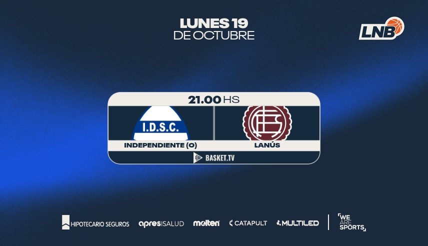 Afiche oficial de la Liga Nacional para el partido Independiente de Oliva-Lanús del lunes 19 de octubre a las 21, con los escudos de los dos clubes