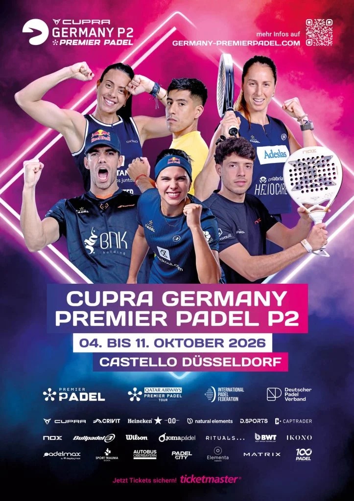 Afiche oficial del Cupra Germany Premier Padel P2 2026, del 4 al 11 de octubre en el Castello Düsseldorf, con jugadoras y jugadores del circuito