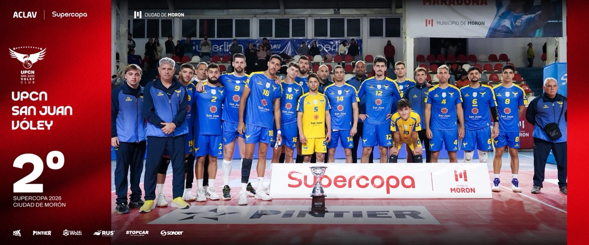 Placa oficial de la ACLAV con el plantel de UPCN San Juan Vóley, subcampeón de la Supercopa 2026, posando con sus medallas