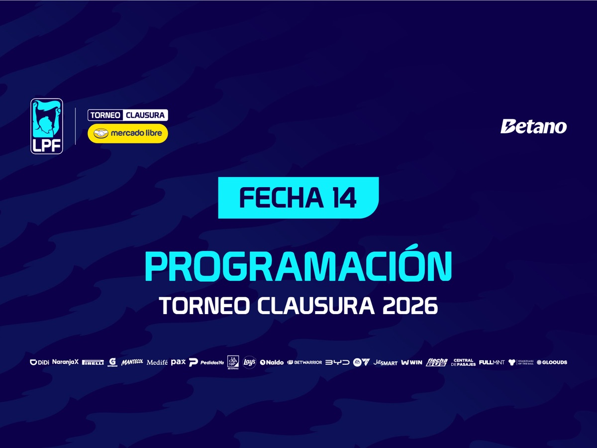 Placa oficial de la Liga Profesional de Fútbol con la programación de la fecha 14 del Torneo Clausura 2026, sobre fondo azul (imagen: Liga Profesional de Fútbol)