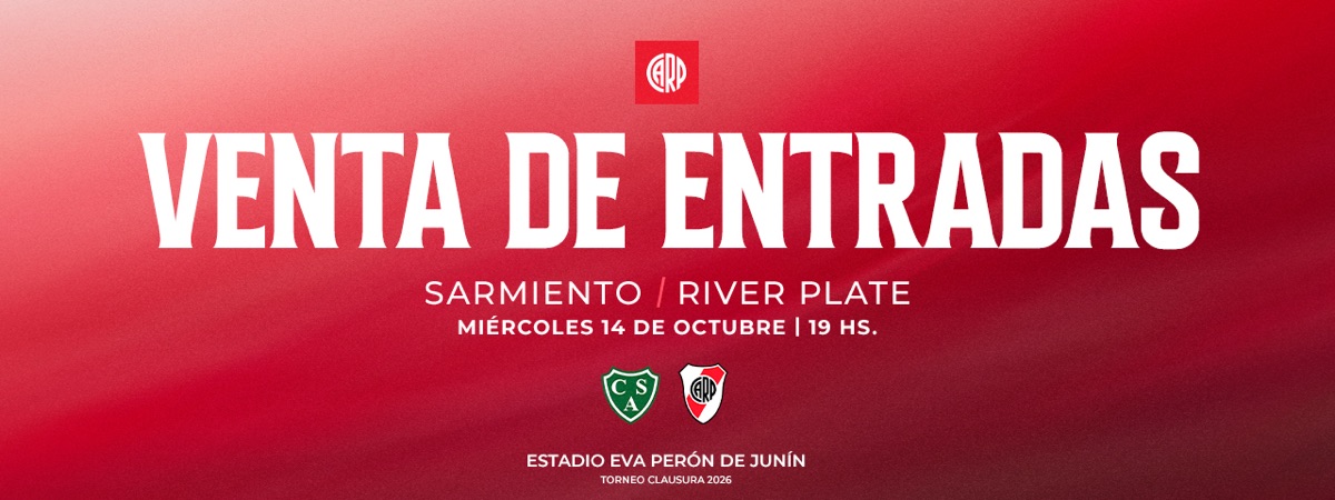 Afiche oficial de River para la venta de entradas del partido con Sarmiento: miércoles 14 de octubre a las 19, estadio Eva Perón de Junín, Torneo Clausura 2026, con los escudos de los dos clubes (foto: prensa River Plate)