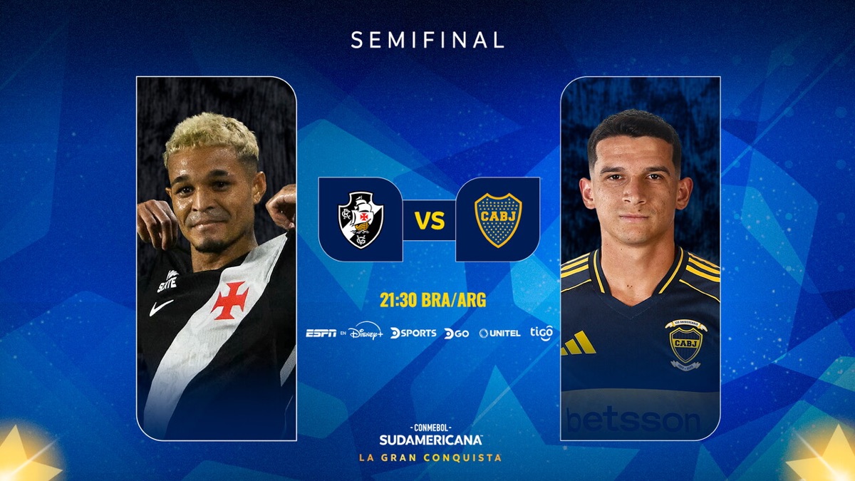 Afiche oficial de la CONMEBOL Sudamericana para la semifinal entre Vasco da Gama y Boca Juniors, con Adson a la izquierda, un jugador de Boca a la derecha, los dos escudos en el centro y el horario de las 21.30 (imagen: CONMEBOL)