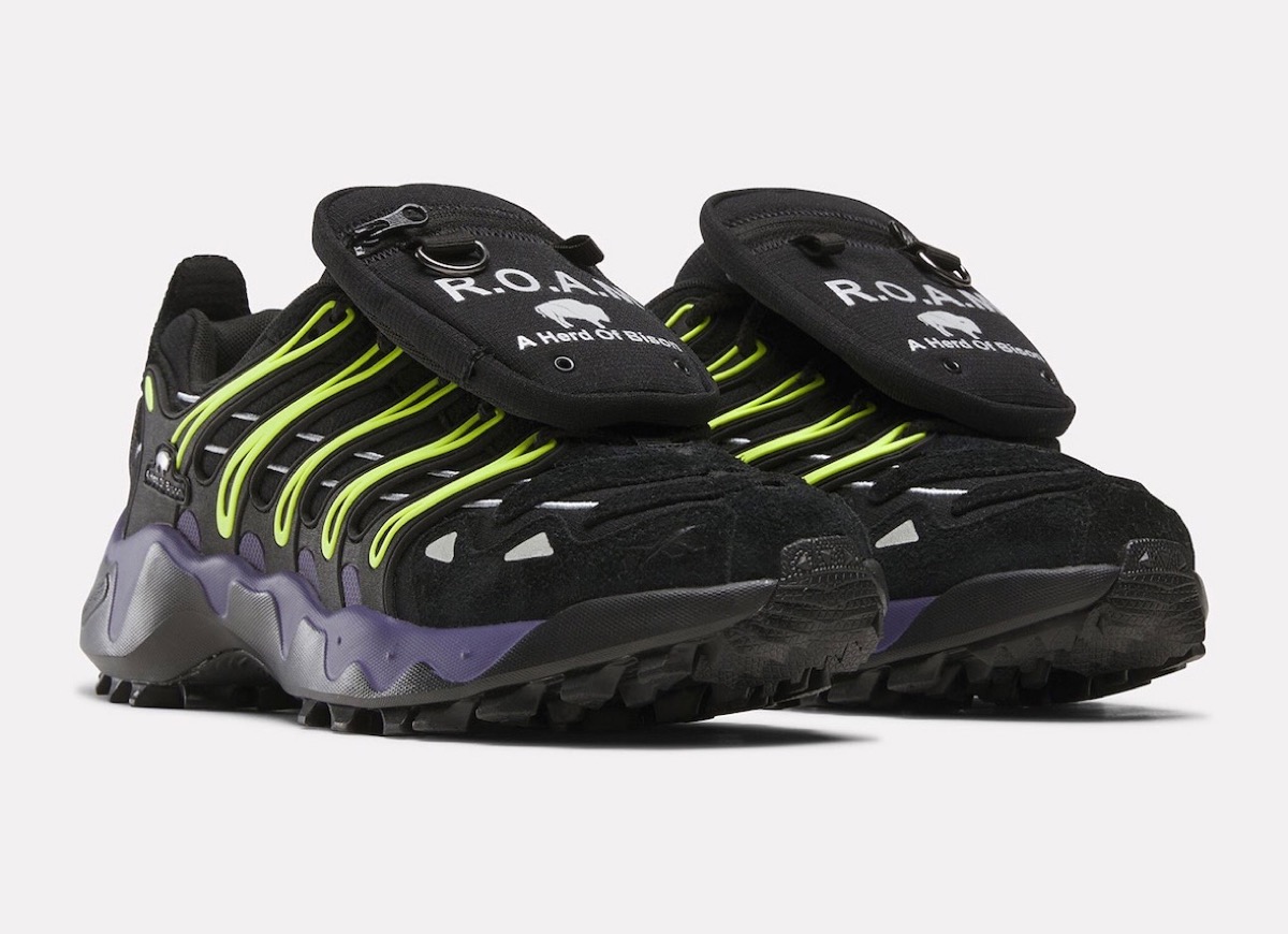 Par de Reebok DMX Trailzillo de A Herd of Bison sobre fondo gris claro, negras con líneas verde lima, entresuela violeta y un bolsillo con la inscripción R.O.A.M sobre los cordones