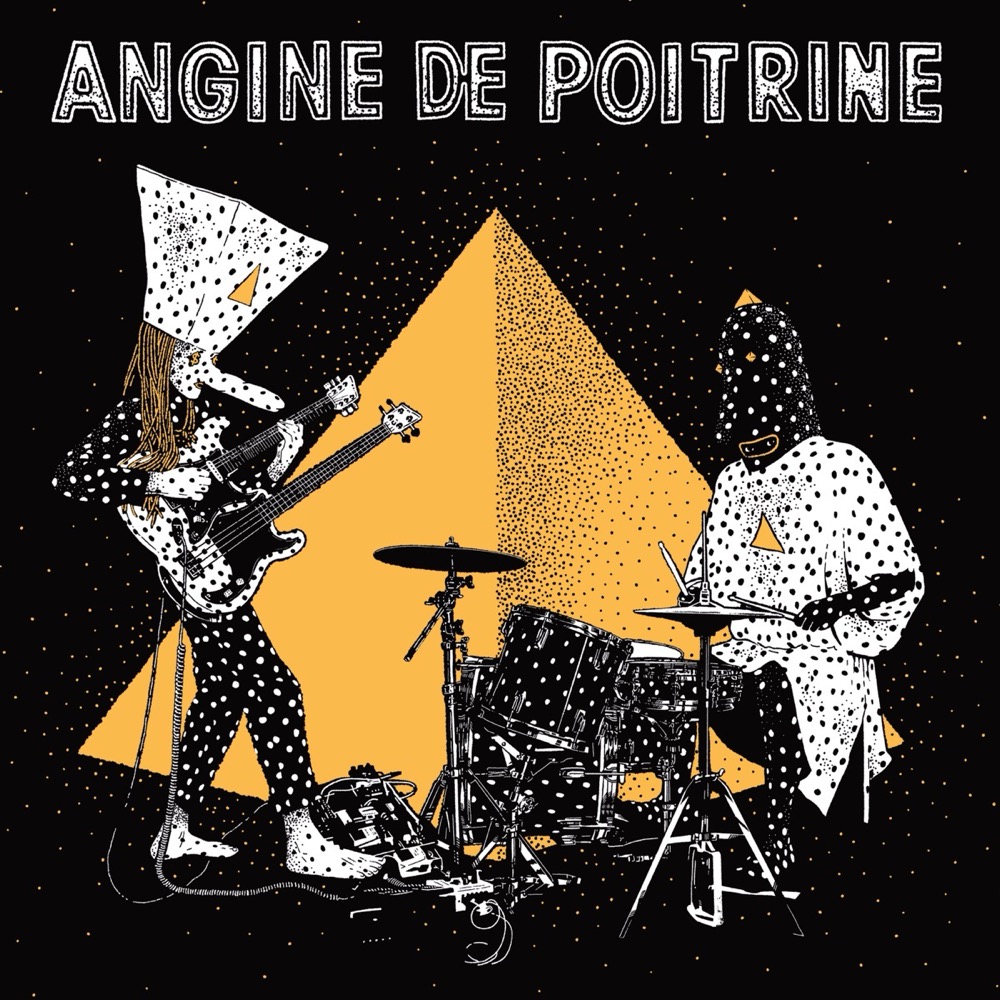 Portada oficial de «Vol. II» de Angine de Poitrine: los dos integrantes dibujados en blanco y negro con bajo y batería frente a una pirámide amarilla