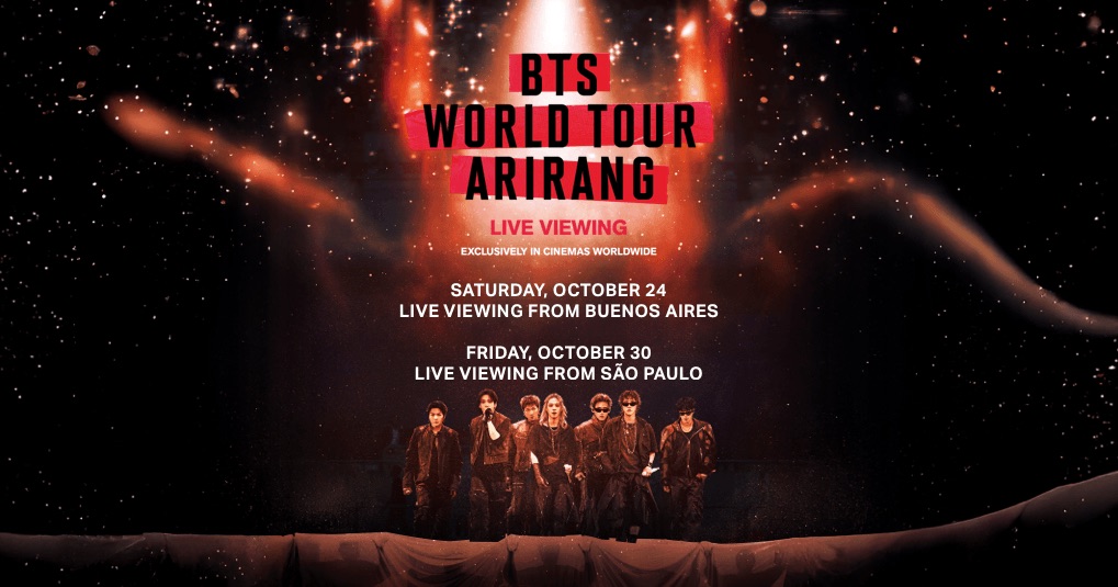 Afiche oficial del Live Viewing del BTS World Tour ARIRANG con las transmisiones en cines del sábado 24 de octubre desde Buenos Aires y del viernes 30 de octubre desde São Paulo