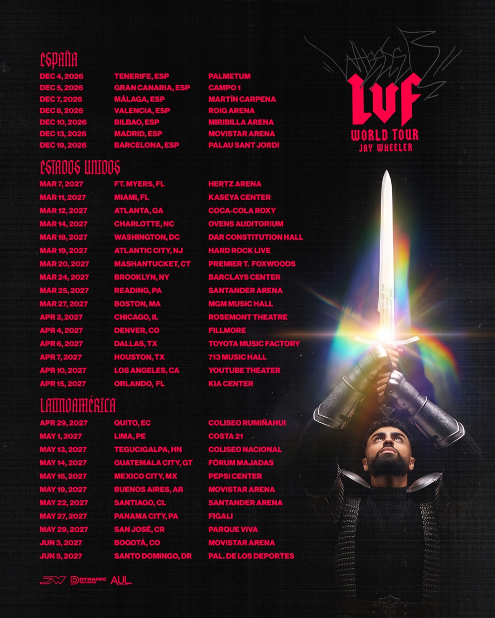 Afiche oficial de «La Voz Favorita World Tour» de Jay Wheeler, con la lista completa de fechas por España, Estados Unidos y Latinoamérica en letras rojas sobre fondo negro, y el artista con armadura sosteniendo una espada