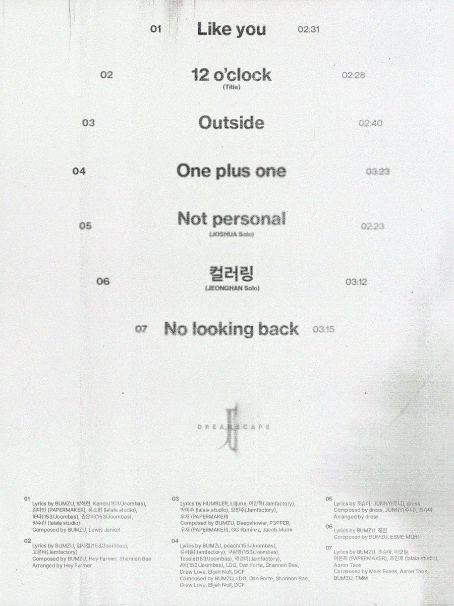 Lista oficial de canciones de «DREAMSCAPE»: los siete temas en letras negras sobre fondo blanco gastado, con «12 o'clock» marcado como tema principal