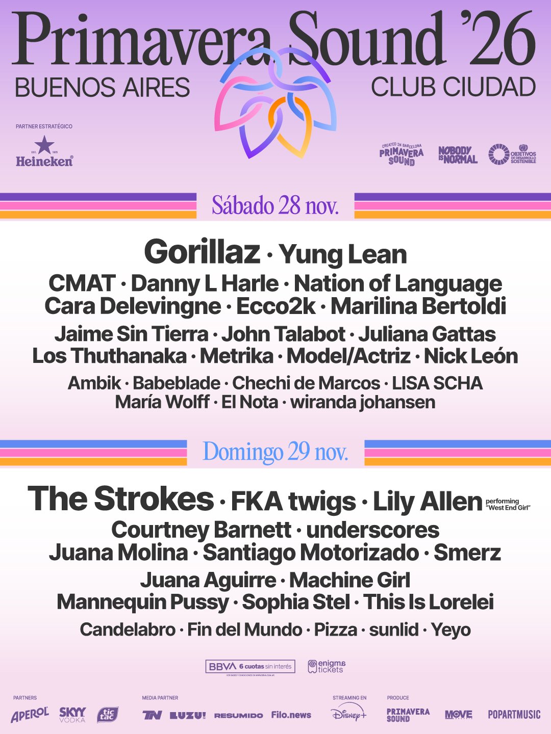Afiche oficial de Primavera Sound Buenos Aires 2026 en el Club Ciudad: grilla del sábado 28 de noviembre, con Gorillaz y Yung Lean arriba, y del domingo 29, con The Strokes, FKA twigs y Lily Allen, sobre fondo lila con el logo del festival