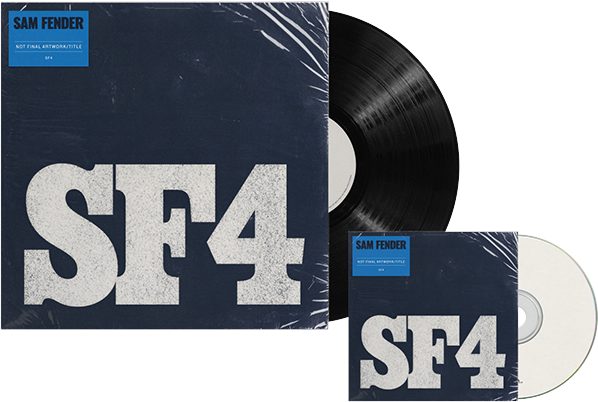 Imagen oficial de la preventa del cuarto disco de Sam Fender: un vinilo y un CD con tapas azul oscuro y la sigla SF4 en letras blancas gastadas