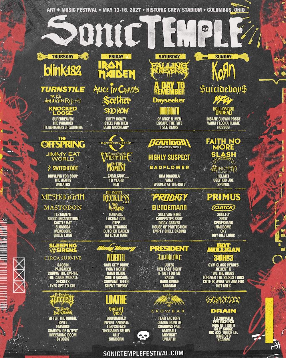 Afiche oficial de Sonic Temple 2027: la grilla completa por día en letras amarillas sobre fondo negro, con blink-182, Iron Maiden, Falling in Reverse y Korn arriba de cada columna, y manchas rojas a los costados