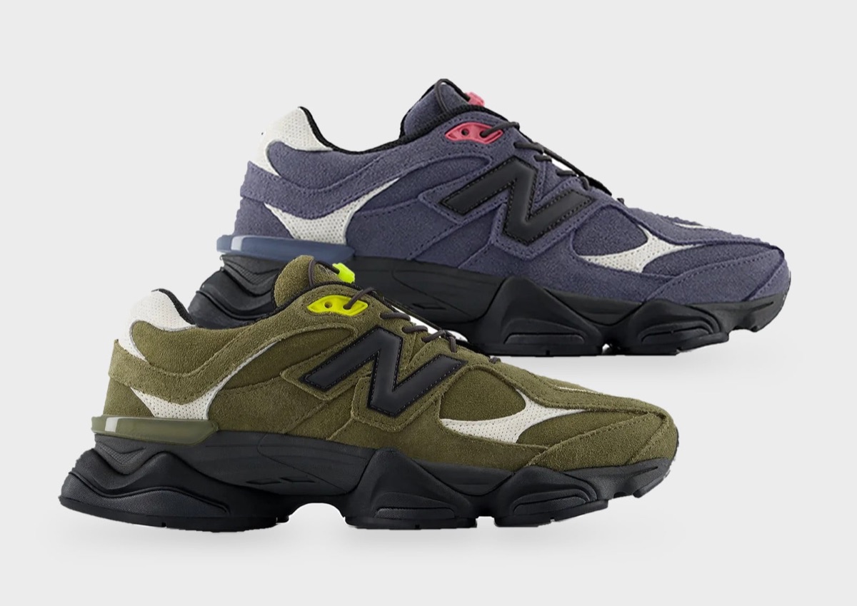 Dos New Balance 9060 Trail sobre fondo gris claro: adelante el verde oliva de gamuza con la N negra, detalles blancos y traba de cordones verde flúor; atrás el violeta oscuro con detalles rosas, los dos sobre la suela negra y ondulada del 9060