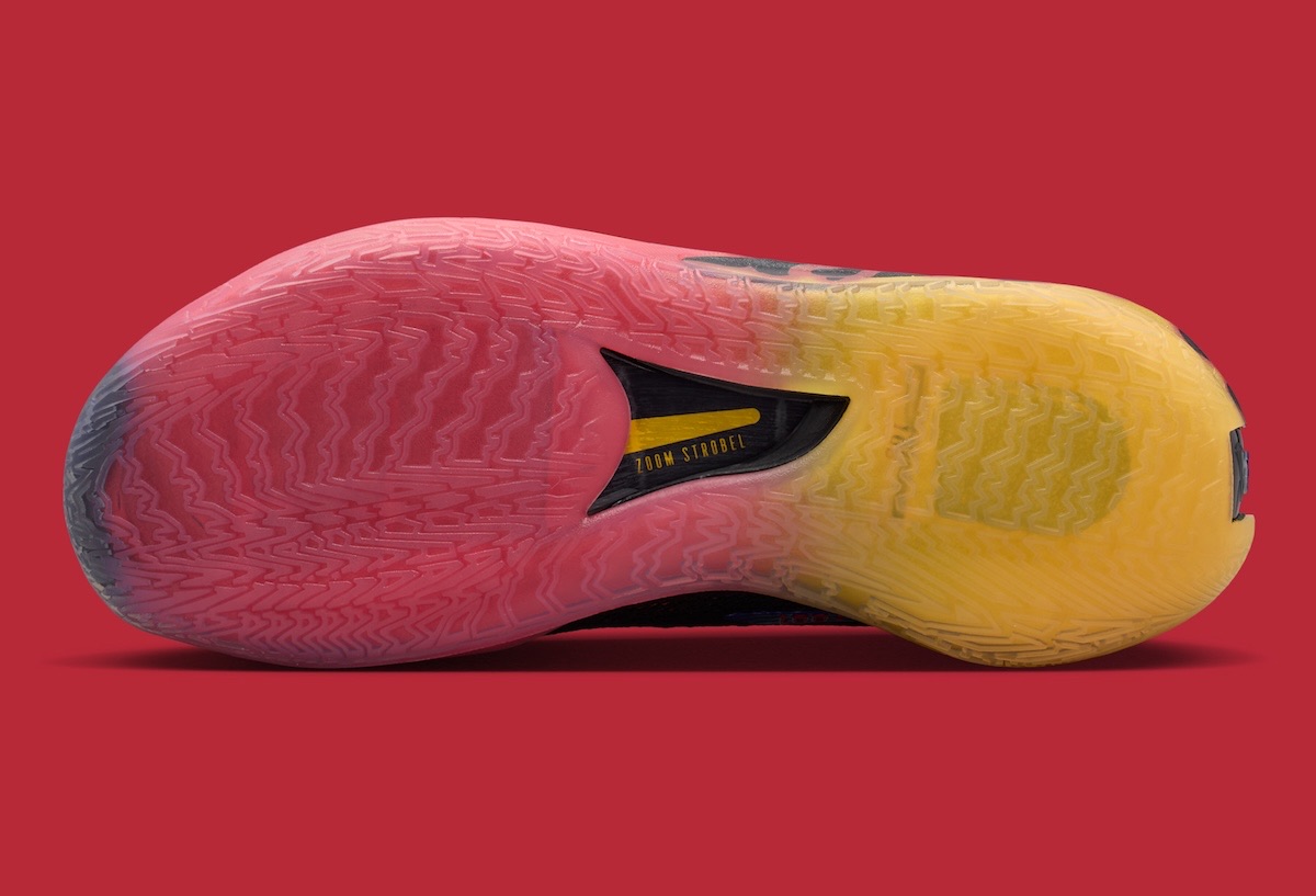 Suela del Nike GT Cut 1 Hot Rod en goma translúcida con degradé de rojo a amarillo, tracción en zigzag y la ventana Zoom Strobel