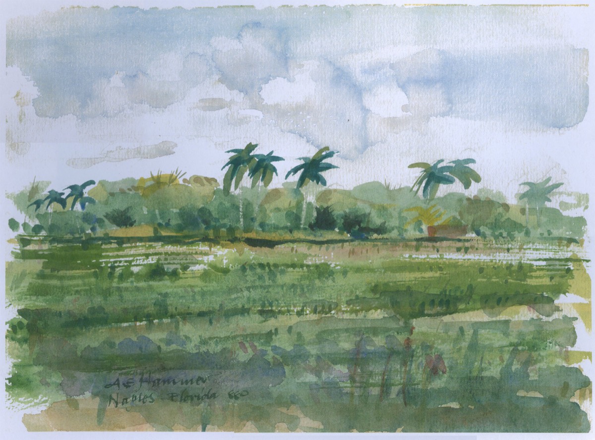 Acuarela de un paisaje con palmeras y un campo verde bajo un cielo nublado, firmada en Naples, Florida