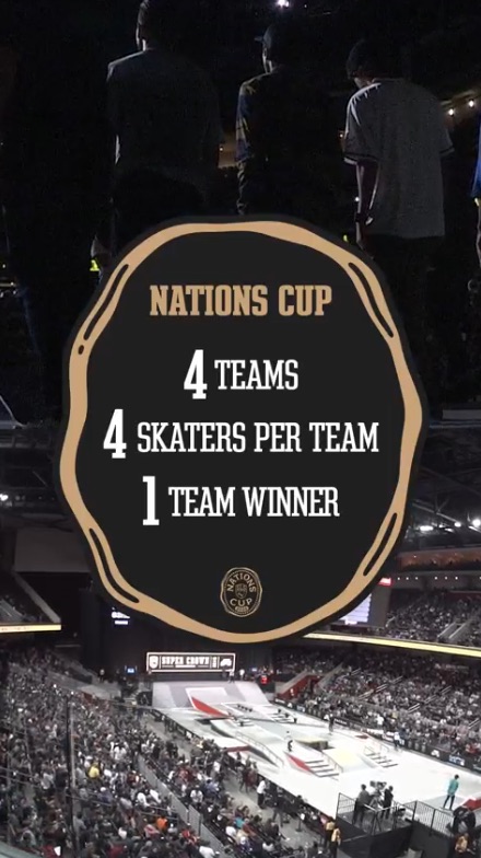 Placa oficial de la Nations Cup con el texto «4 teams, 4 skaters per team, 1 team winner» sobre una foto de una arena llena con el parque de la Street League